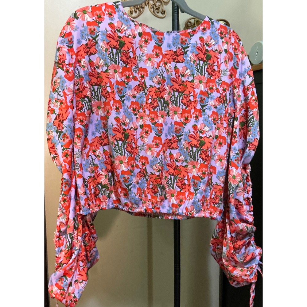 Missguided Women Floral Ruched Sleeve Crop Top Lilac Orange Poppy Blouse Size 6